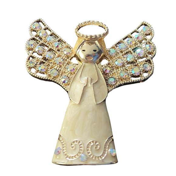 Monet Angel Enamel AB Crystal Pin Brooch - Picture 1 of 3